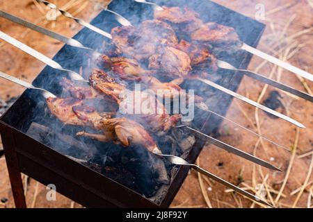 Préparation de la caille marinée sur la grille du gril. Photo de haute qualité Banque D'Images