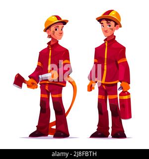 Pompiers avec extincteur, tuyau d'eau et hache. Illustration vectorielle de deux pompiers professionnels en costume de sécurité rouge et casque isolés sur fond blanc Illustration de Vecteur