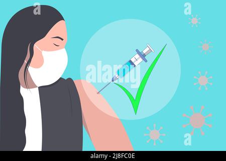 Obtenez votre vaccin Covid-19 - illustration vectorielle de la vaccination contre le coronavirus. Concept de vaccin COVID-19. Une fille dans un masque médical jetable, une seringue W Illustration de Vecteur