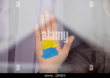 La main d'une fille dans la fenêtre de sa maison avec un drapeau jaune-bleu peint de l'Ukraine, la paix en Ukraine, arrêter la guerre, une action de protestation et un patri Banque D'Images