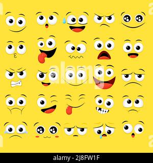 Collection d'émoticônes avec différentes humeur. Ensemble de dessins animés volumétriques emoji visages dans différentes expressions - heureux, triste, pleurer, peur, fou. Sur b blanc Illustration de Vecteur