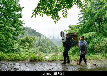 (220516) -- ZUNYI, le 16 mai 2022 (Xinhua) -- Zhao Youliang (L) avec un panier sur son dos mène Jian Qin au champ dans le canton de Zhongguan, comté de Zheng'an, province de Guizhou dans le sud-ouest de la Chine, le 12 mai 2022. Vivant au fond des montagnes de Zunyi, dans la province de Guizhou, Zhao Youliang et Jian Qin sont un couple handicapé. Zhao, 50 ans, a perdu les mains en raison d'une amputation à un jeune âge, et Jian, 43 ans, a perdu la vue en raison du retard dans le traitement d'une maladie dans son enfance. Dans la vie quotidienne, Zhao aide sa femme à voir avec ses yeux, tandis que Jian aide son mari à l'esprit Banque D'Images