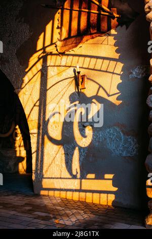 Ombres à l'ombre, décorations mammouth dans un lieu préhistorique. Homme primitif période supérieure du Paléolithique il y a 26 mille ans à Yurovichi. biélorussie Banque D'Images