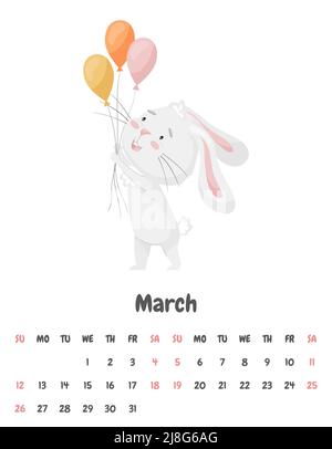 La page du calendrier pour le mois de mars 2023 avec un joli lapin souriant tenant des ballons festifs dans ses pattes. Adorable animal, un personnage dans le pastel Illustration de Vecteur