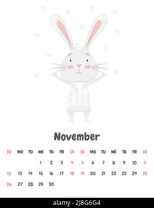 La page du calendrier pour le mois de novembre 2023 avec un joli lapin souriant, se réjouissant des flocons de neige volants. Adorable animal, caractère pastel Illustration de Vecteur