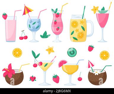 Un ensemble de cocktails d'été avec fruits et baies. Boissons rafraîchissantes froides. Illustrations vectorielles d'été lumineuses dans un style de dessin animé plat. Isolé sur un W Illustration de Vecteur