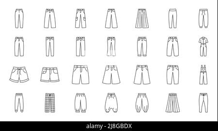 Vêtements caleçons dessin d'un danidle comprenant des icônes - vêtements de sport leggings, buggy, cargo, slop, bermudes, capri, étrier, aladdin, shalwars, hakama. Fin Illustration de Vecteur