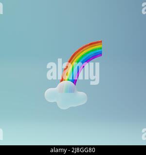 L'arc-en-ciel coloré émerge du nuage sur un ciel bleu. Signe de paix dans le ciel. rendu 3d, illustration 3d. Banque D'Images