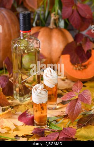 Deux vodka avec tarte à la cannelle crème dans des verres à liqueur.Ces boissons sont faciles à préparer et parfaites pour l'automne.Essayez ces boissons énergisantes sur votre Banque D'Images