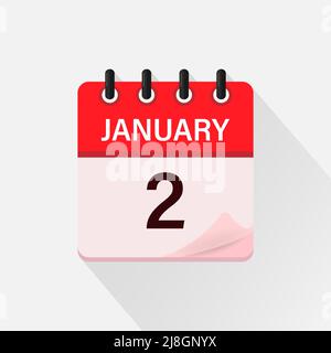 2 janvier. Icône de calendrier avec ombre. Jour, mois. Illustration vectorielle plate. Illustration de Vecteur