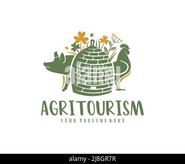 Agritourisme, ruche, forbs, cochon et coq, logo. Agriculture, élevage, apiculture, élevage et aviculture, conception vectorielle Illustration de Vecteur