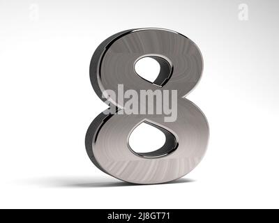 Numéro huit en acier sur fond blanc. Figure volumétrique métallique. 3D rendu. Banque D'Images