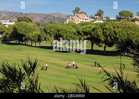 Golf Rio Real, Marbella, Costa del sol, Malaga province, Andalousie, Sud de l'Espagne. Groupe de golfeurs jouant. Propriété en arrière-plan. Banque D'Images