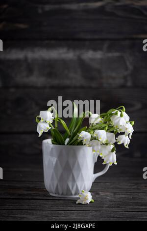 un bouquet de gouttes de neige blanches de primroses en verre sur fond de bois foncé Banque D'Images