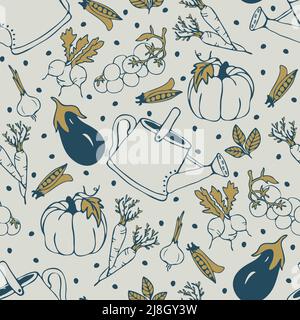 Motif vectoriel sans couture avec légumes dessinés à la main sur fond blanc. Papier peint de jardin d'été simple à reproduire. Illustration de Vecteur