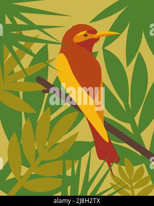 Oiseau tropical orange, rouge et jaune sur une branche dans les feuilles. Illustration. Icône, bannière. Web. Conception d'impression. Couleurs vertes Banque D'Images