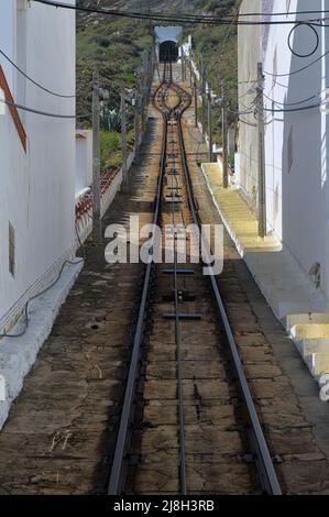 Ascenseur de Nazare, vue depuis la fenêtre de la cabine tout en se déplaçant vers le haut. Nazaré, Portugal Banque D'Images