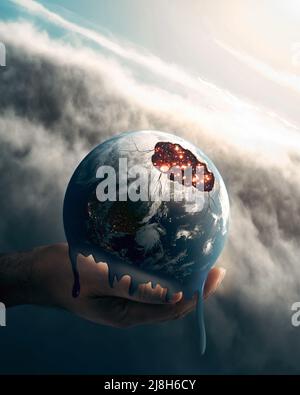 Main tient la terre de la planète et essaie d'éviter de fondre à cause de la pollution de l'environnement et du réchauffement de la planète. Photo de haute qualité Banque D'Images