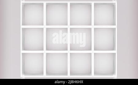 3D maquette d'armoire blanche vide avec étagères sur le mur. Meubles de cuisine ou étagère pour le bureau et la maison. Boutique, galerie de présentation. Magasin vide Illustration de Vecteur