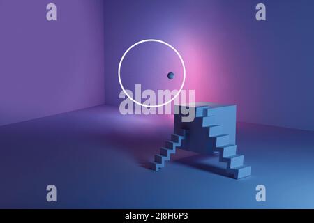 Composition abstraite d'angle avec podium et escalier, néon, cercle et balle, 3D illustrations avec formes géométriques sur fond bleu Banque D'Images