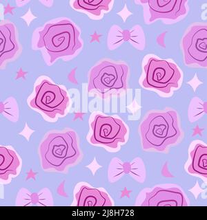 Roses roses et noeuds sur fond bleu, motif sans couture Illustration de Vecteur