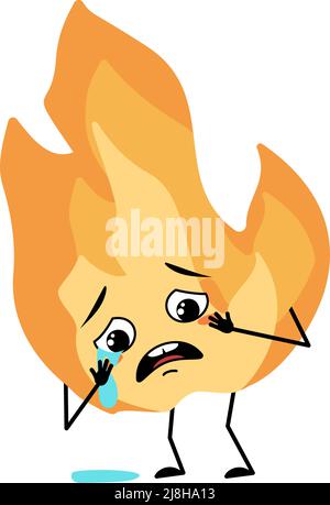 Mignonne de la flamme avec des pleurs et des larmes d'émotion, visage triste, yeux dépressifs, bras et jambes. Homme de feu avec expression mélancolique, personne orange chaude. Illustration vectorielle plate Illustration de Vecteur