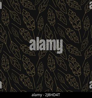 Motif de lames. Délimiter les feuilles dorées sur fond noir. Illustration vectorielle sans couture avec plantes foliaires dessinées à la main. Illustration de Vecteur