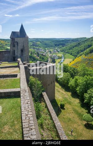 Vue du château de Bourscheid sur la vallée, château médiéval complexe à Bourscheid, quartier Diekirch, Ardennes, Luxembourg, Europe Banque D'Images