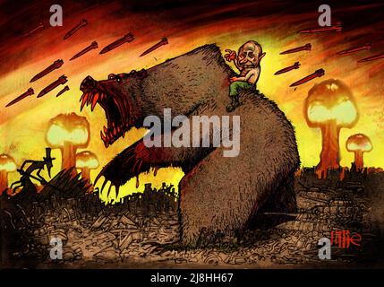 Caricature satirique de Vladimir Poutine, surmontée d'ours russes, de missiles et de nuages de champignons en arrière-plan, illustrant les dangers d'une escalade du conflit en Ukraine Banque D'Images