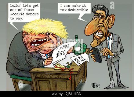 Caricature Boris Johnson bien reçue, Rishi Sunak suggérant qu’il pourrait s’agir d’une taxe déductible, d’une satire sur le partygate conservateur, de dons russes, d’une politique de contournement des impôts Banque D'Images