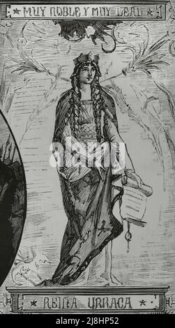 Urraca de Zamora (1033-1101). Infanta de Leon. Dessin de Ramón Padró. Tableaux décoratifs dans la salle de réunion du Palais provincial de Zamora (Espagne). Gravure, 1882. Banque D'Images