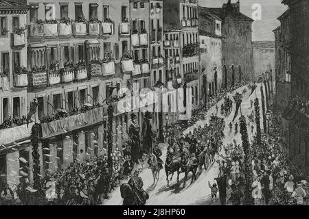 Espagne, Aragon, Huesca. Inauguration du chemin de fer Canfranc. Entrée du roi Alfonso XII (1857-1885) dans la ville de Huesca, sur 22 octobre 1882. Gravure par Capuz. Banque D'Images