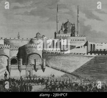 Égypte. Occupation du Caire par les Britanniques. Entrée de la cavalerie britannique dans la citadelle. Gravure de Rico, 1882. Banque D'Images