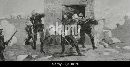 Conquête de l'Égypte par les troupes britanniques, 1882. Gare de Ramleh. Première escarmouche sur terre entre les soldats britanniques et égyptiens, sur 24 juillet 1882. Gravure de Rico. Banque D'Images