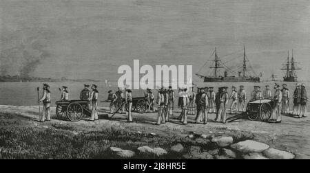 Égypte. Débarquement des marins britanniques et des vestes de bluejackes du 'invincible' près de fort Mex, après le bombardement. Gravure de Capuz, 1882. Banque D'Images
