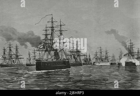 Événements en Égypte, 1882. Arrivée de la flotte anglo-française à Souda Bay, près d'Alexandrie. Gravure par Vela, 1882. Banque D'Images