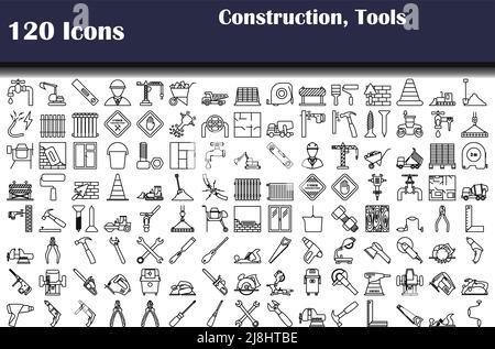 Jeu de 120 icônes. Thèmes de construction et d'outils. Contour en gras avec largeur de contour modifiable. Illustration vectorielle. Illustration de Vecteur