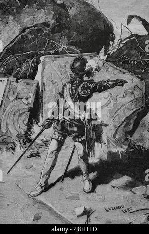 Francisco Pizarro (1478-1541). Conquérant espagnol de l'empire Inca. Pizarro encourage ses compagnons pour la conquête du Pérou, 1527. Gravure de Rico après une peinture d'Angel Lizcano (1846-1929). Détails. 1882. Banque D'Images