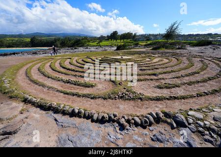 Kapalua Labyrinth sur la pointe Makaluapuna à l'ouest de Maui, Hawaï - Monument sacré fait de fossés circulaires qui remernent les dieux hawaïens Banque D'Images