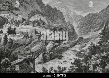 Suisse. Le chemin de fer de Gotthard. Le chemin de fer près de Polmengo: Tunnels et viaduc dans la vallée du Tessin. Gravure de Capuz, 1882. Banque D'Images