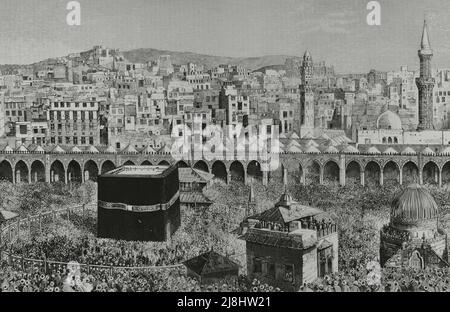Arabie saoudite, la Mecque. Vue générale sur la ville. Au centre de la mosquée al-Masjid al-Haram, la Kaaba. Gravure, 1882. Banque D'Images