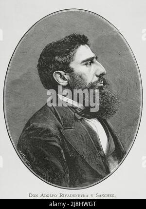 Adolfo Rivadeneyra y Sanchez (1841-1882). Diplomate espagnol, archéologue, orientaliste, écrivain et voyageur. Portrait. Gravure par Carretero, 1882. Banque D'Images