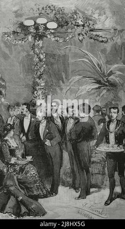 Portugal, Lisbonne. Célébrations organisées par l'association des écrivains portugais en l'honneur des journalistes espagnols. Soirée littéraire au théâtre Doña Maria. Gravure, 1882. Banque D'Images