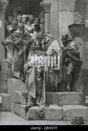 Ramiro II d'Aragon (1086-1157). Roi d'Aragon (1134-1157). Scène représentant la légende de la cloche de Huesca, ou la légende du roi moine. Gravure, 1882. Banque D'Images