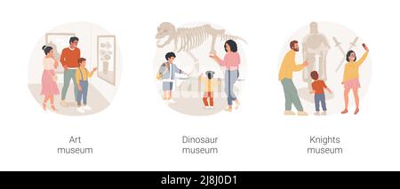 Musée de la famille visitez le scénario de dessin animé isolé. Aller à la galerie d'art, la famille devant la peinture, visite exposition de dinosaures, histoire naturelle, film vectoriel de musée d'histoire de chevalier. Illustration de Vecteur