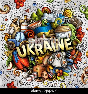 Ukraine dessin main dessin dessin dessin animé Doodle illustration. Drôle de design ukrainien. Arrière-plan vectoriel créatif. Texte manuscrit avec éléments de pays européens a Illustration de Vecteur