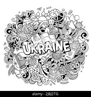 Ukraine dessin main dessin dessin dessin animé Doodle illustration. Drôle de design ukrainien. Arrière-plan vectoriel créatif. Texte manuscrit avec éléments de pays européens a Illustration de Vecteur