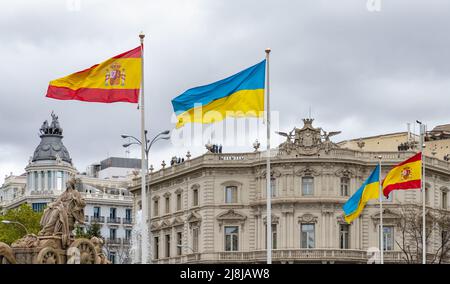 Une photo de la Fuente de Cibeles (Fontaine de Cibeles) avec drapeaux espagnols et ukrainiens. Banque D'Images