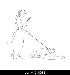 Une jeune femme marche avec un chien. L'animal passe par la flaque. Illustration vectorielle de caractères de dessin au trait Illustration de Vecteur