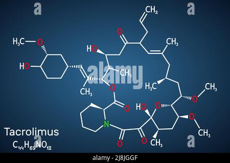 Tacrolimus, FK-506 ou molécule de Fujimycine. Il s'agit d'un puissant agent immunosuppresseur. Formule chimique structurelle sur fond bleu foncé. Vecteur illust Illustration de Vecteur